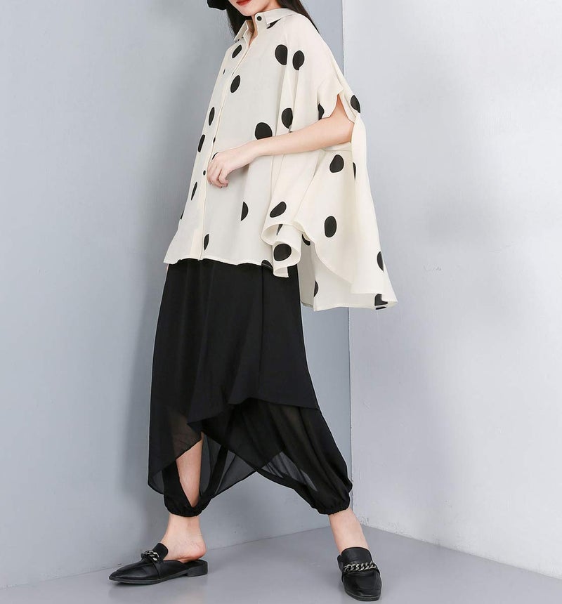 ellazhu Women's Batwing Sleeve Polka Dot Printed Button Down Blouse Oversized Shirt Top for Summer GY1903 White - Image 4